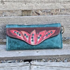 Western Handcrafted Teal Leather Wallet with Red Feather Accent